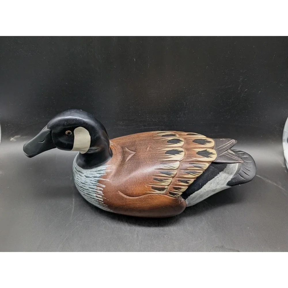 Vintage Hand Painted Carved Wooden Canada Goose Decoy Rustic Lodge Decor Brown